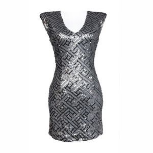 FOREVER 21 Exclusive Women's Dress Small Silver Pewter Sequin V-Neck Mini Prom